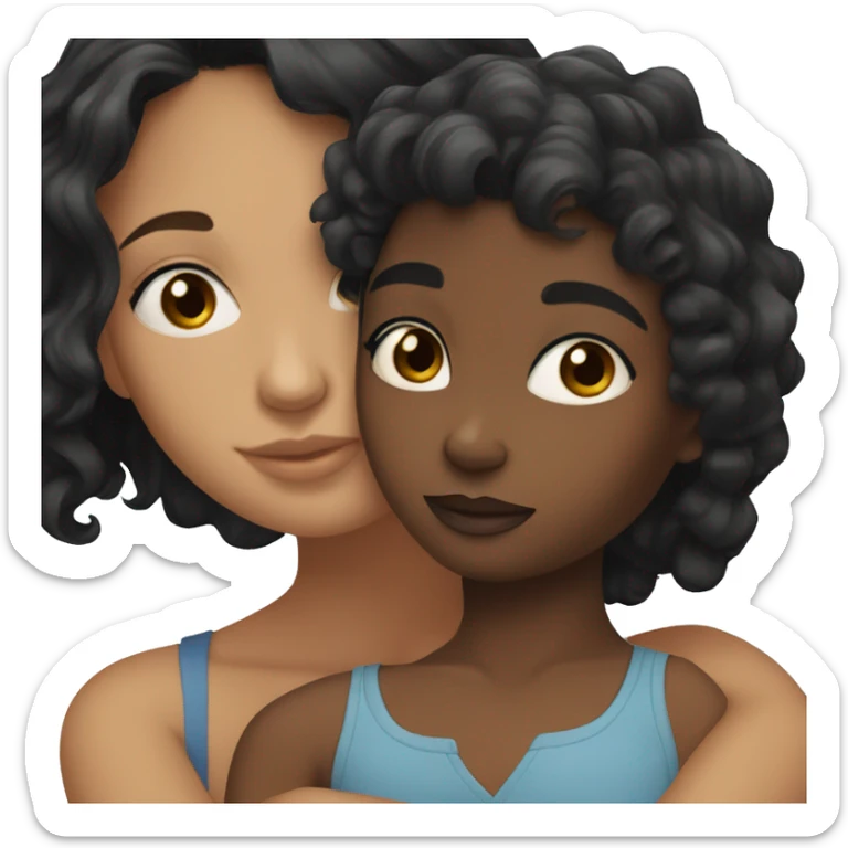 A black girl with blue eyes and black hair hugging a girl with tan skin and black wavy hair sticker