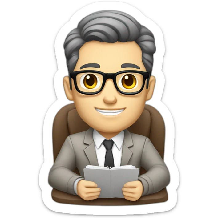 Pale skinned Fit Man With dark brown hair in gray jacket, beige office shirt and vintage glasses sitting In a soft chair with a notebook with emblem Ψ and a pen in his hands sticker
