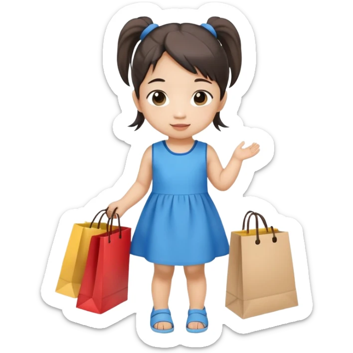 Asian toddler girl in 2 pony tails in blue dress holding a shopping bag sticker