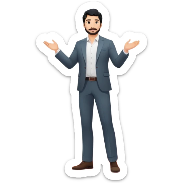 Professional 35-year-old man with black wavy hair, stubble, strong jawline, white skin tone, wearing smart casual business attire, giving a TED talk on innovation, standing on circular red carpet stage, gesturing confidently with projected slides behind him sticker