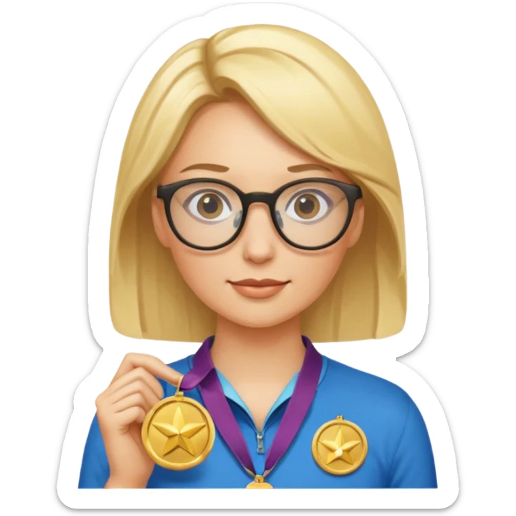 Describe a blonde woman wearing glasses with a gold medal sticker