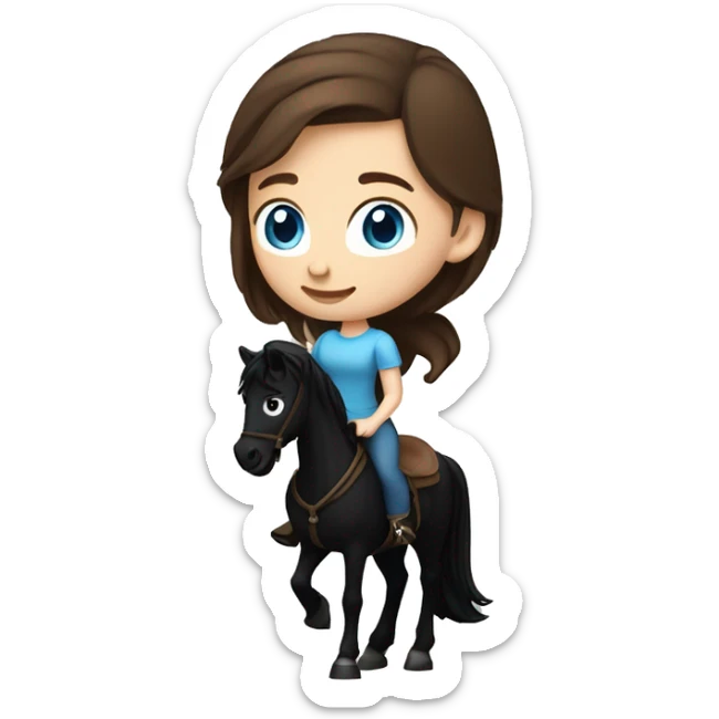 Girl with white skin, blue eyes and brown hair riding a Black horse with long mane and dark eyes. We see them from the side, they are causally walking sticker