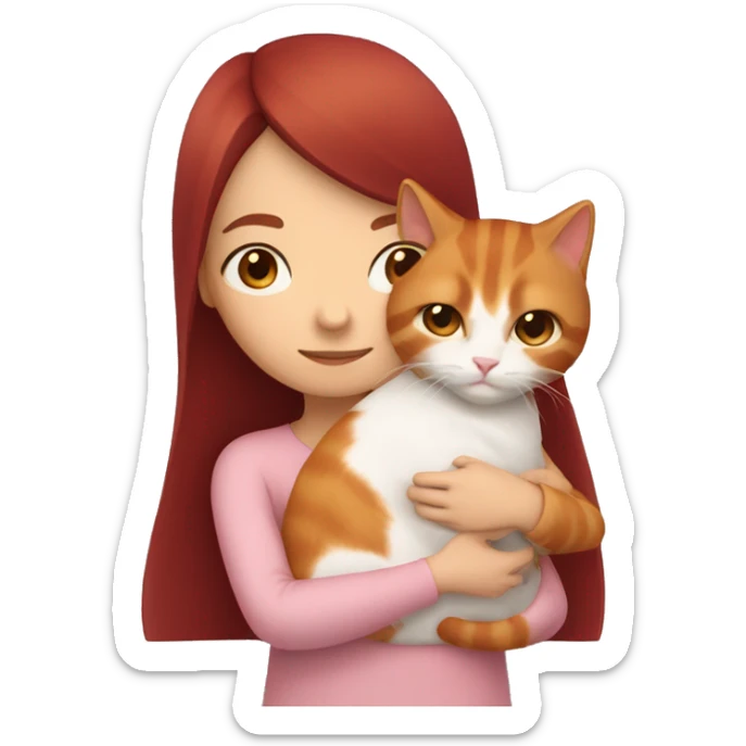 girl with long very dark red hair and dark brown eyes and light pink outfit hugging a white & ginger cat  sticker