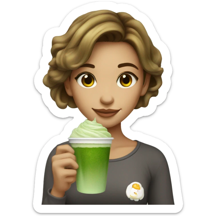 Beautiful girl with brawn hair holding cup of iced matcha  sticker