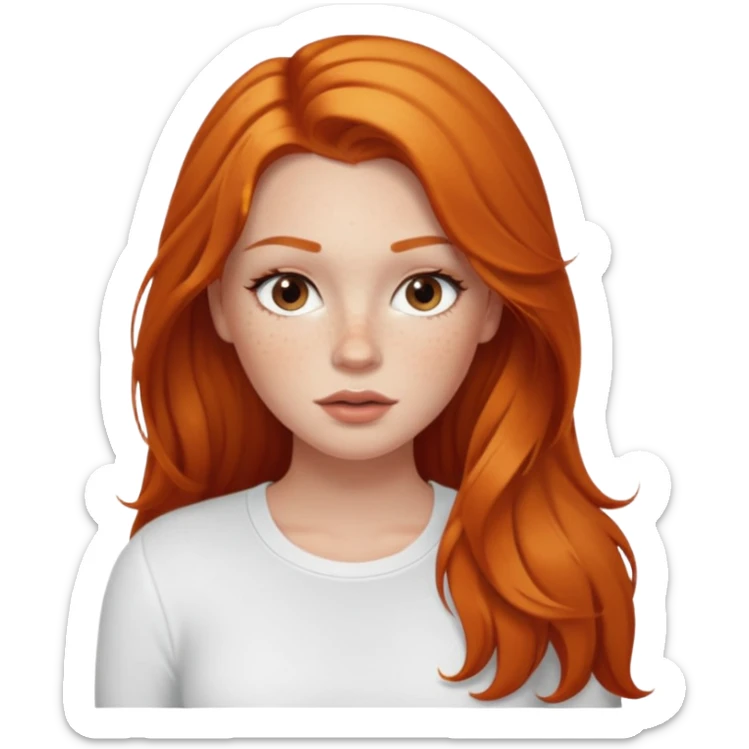 A white girl with freckles long lashes plump lips and ginger long hair pretty and she’s wearing a white shirt full body sticker