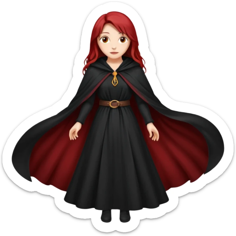 a beautiful woman with long red hair reaching her waist, hazel eyes, and wearing a black cloak sticker