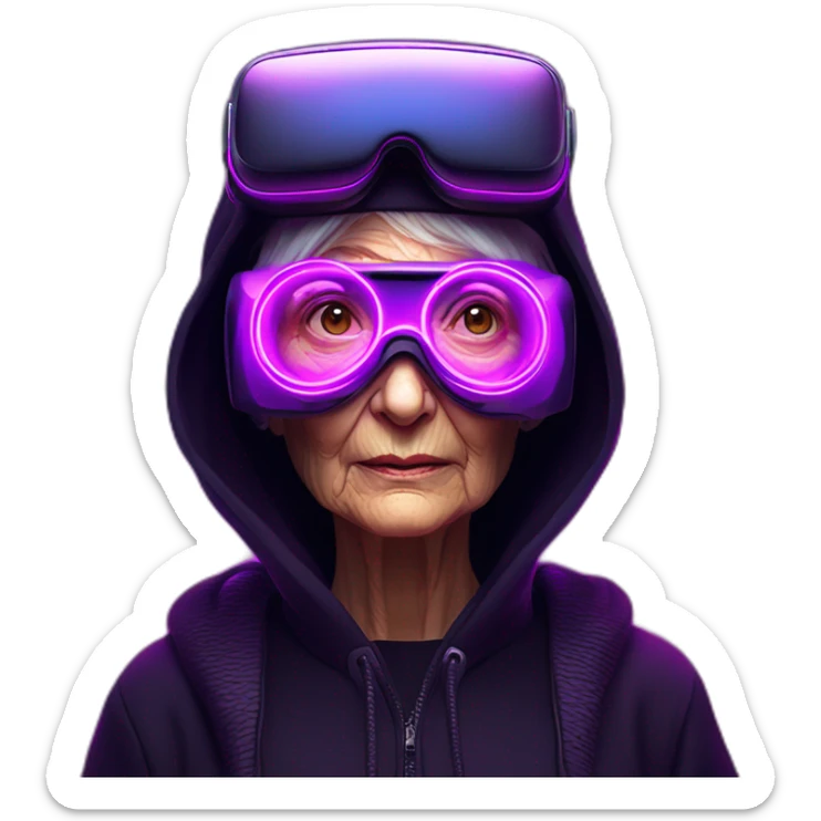 Russian old woman wearing a black hoodie with "OMG" letters on it and VR headset in a cyberpunk VR environment with violet neon lighting. sticker