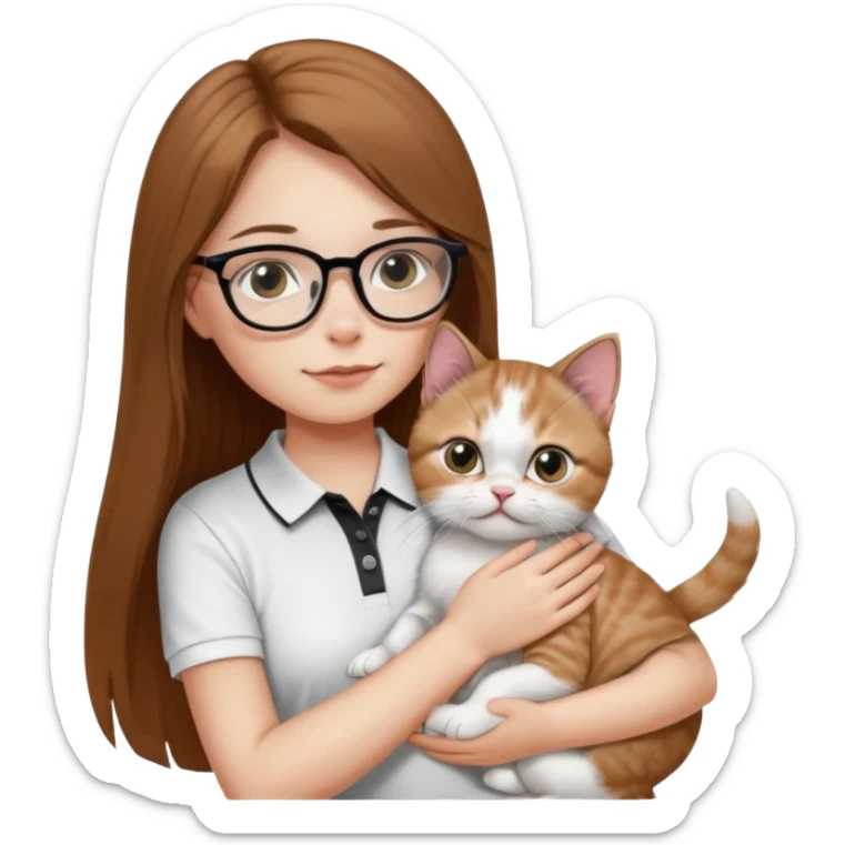 a girl with long brown straight hair, in a white a black polo t-shirt, with eyeglasses hugs a persian kitten 3 months old had a half spot black on her face and white one cat. emoji | AI Emoji Generator sticker