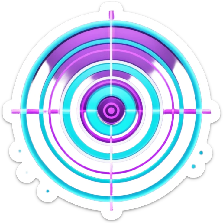 Futuristic glowing bullseye target emoji, neon purple and cyan holographic glow, dark background, digital tech style, abstract sparkles, no face. sticker