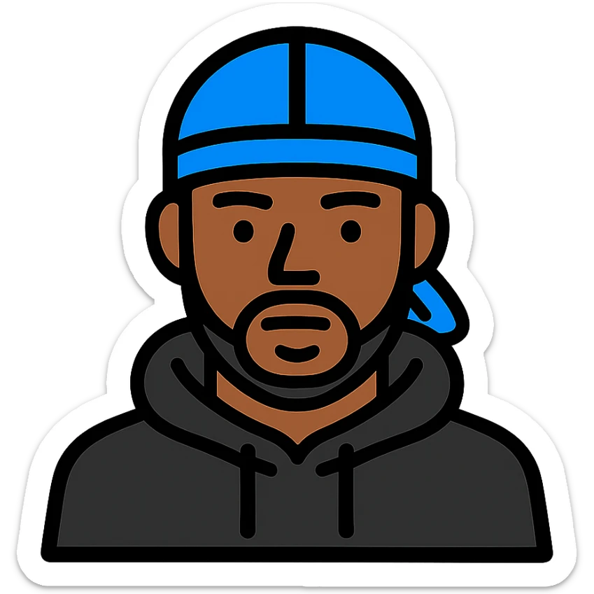 black man in a durag and black hoodie, color outline icon, bold lines, subtle shading sticker
