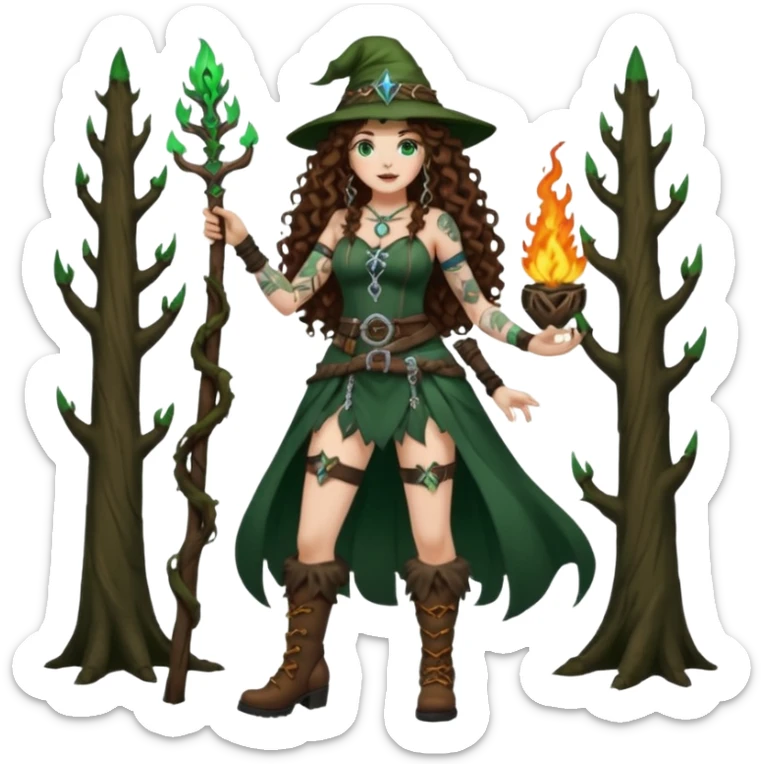 full body view of a woman with long curly brown hair, brown eyes, white skin, tattoos, wearing a forest witch outfit with high boots and rune belt, casting green flame from her hand sticker