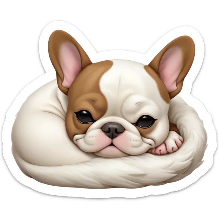 Meme-Worthy Cute Sleeping Pied French Bulldog Portrait Emoji, Head resting peacefully with a gentle, contented smile and eyes softly closed in serene repose, showcasing a distinctive pied fur of contrasting hues and a lovable, relaxed expression, simplified yet irresistibly adorable, highly detailed, glowing with a soft, drowsy radiance, high shine, exuding calm, endearing charm, styled with a gentle, soft glowing outline, capturing the essence of a sleeping Pied French Bulldog that appears destined to be the next viral symbol of adorable, sleepy delight! sticker