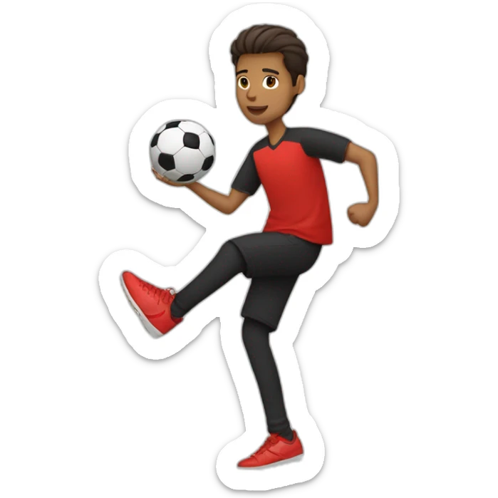 brown man juggling soccer ball, red shirt, black trousers, sneaker shoes, short hair, soccer ball,  sticker