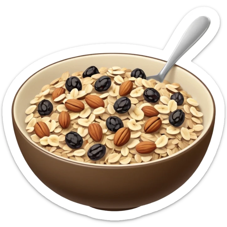 apple style emoji small shallow bowl of muesli, visible mix of beige rolled oats, dark brown raisins, light brown nuts, seeds, clean 3D minimal soft lighting clear forms, no anthropomorphic elements, no milk, no yogurt, no spoon, transparent background, emoji scale sticker