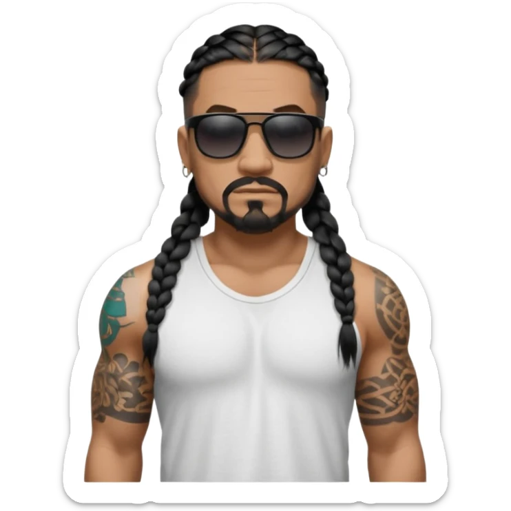 Samoan male. Chin goatee.
Untucked loose fitting white t-shirt. 
long black braided hair.
very muscular.
Even More tattoos. 
Tough and menacing.
Dark black square sunglasses. sticker
