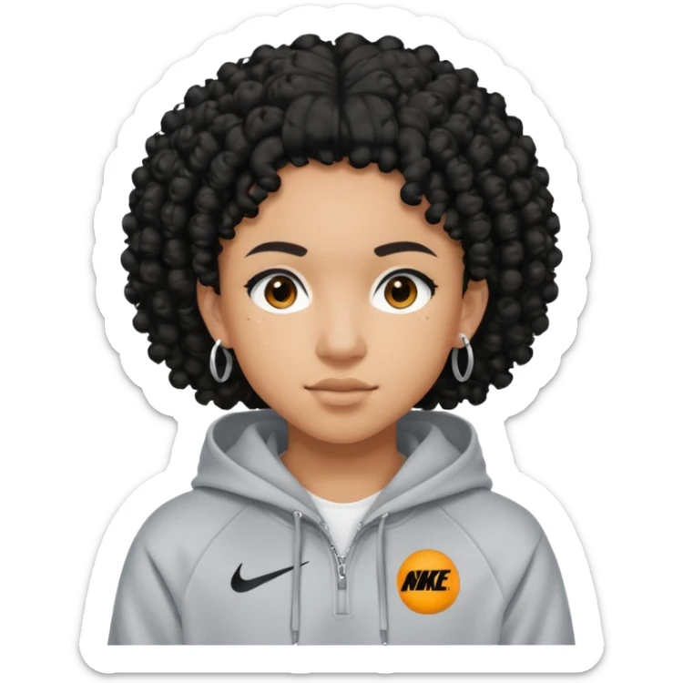 Blasian teenager wearing a nike hoodie with black curly hair and ears pierced sticker