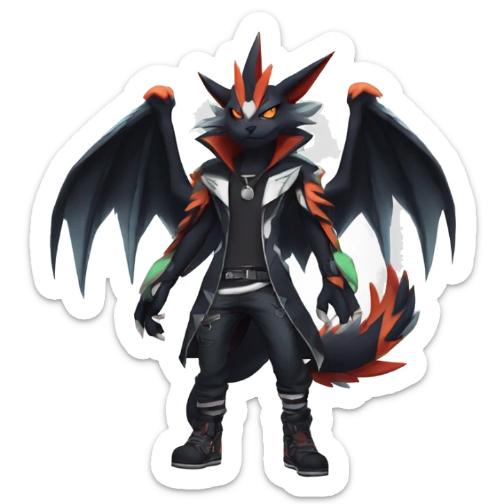 Cool Anthro Black Noivern-Absol-Litten-Pokémon with edgy stripes hoodie spiked collar punk Full Body sticker