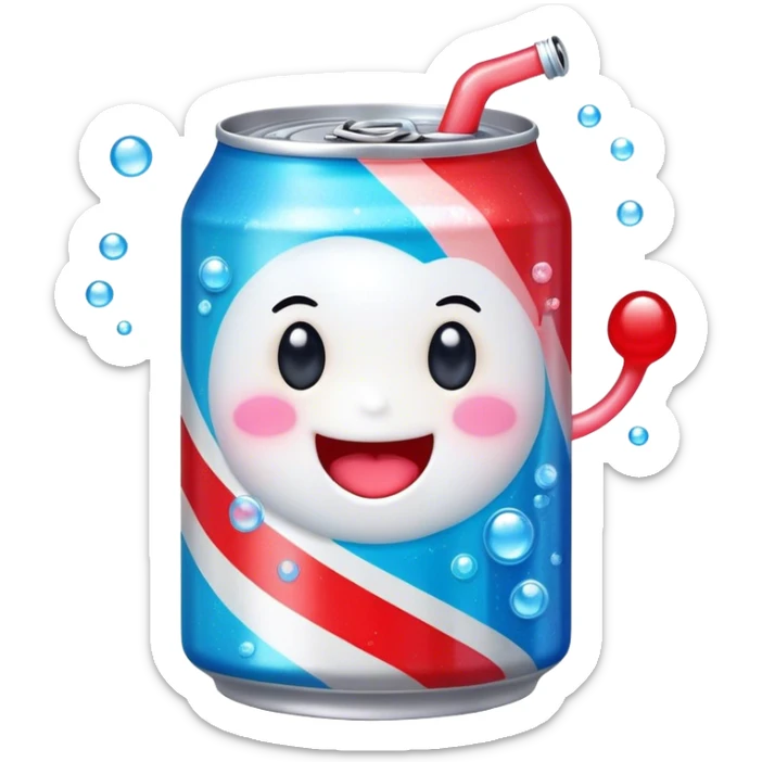 Cute Kawaii Soda Can, bubbly and vibrant, bright red and blue stripes, playful fizz popping around, a chubby happy face with wide sparkling eyes, energetic and refreshing! sticker