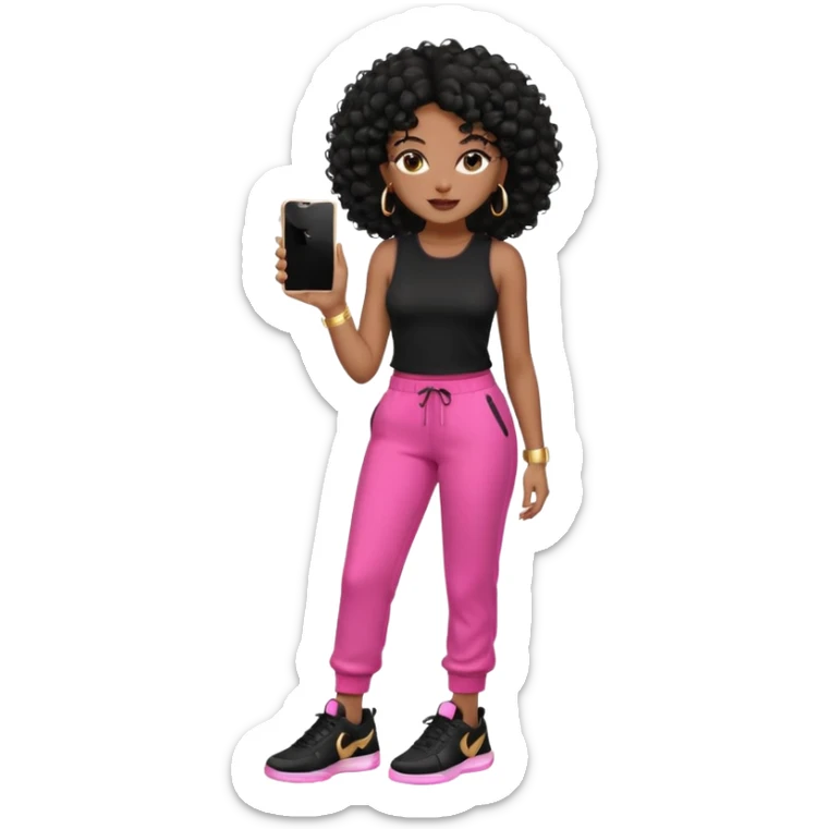 Black woman, adult, 4C black curly hair, dark brown eyes, wearing black top, pink pants, black sneakers, gold hoop earrings, iPhone emoji style sticker