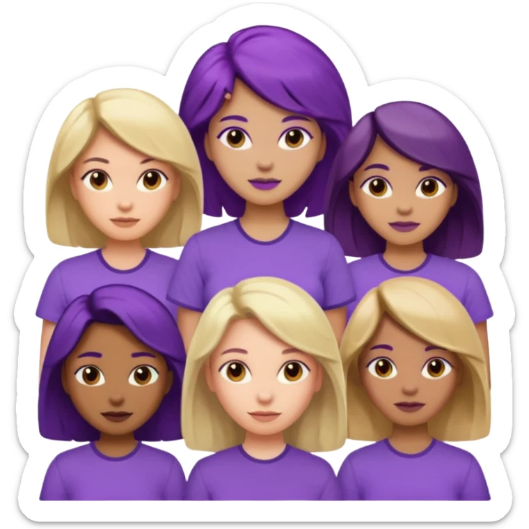 women with various hair types and skin tones, purple shirt, one of each type in a group sticker