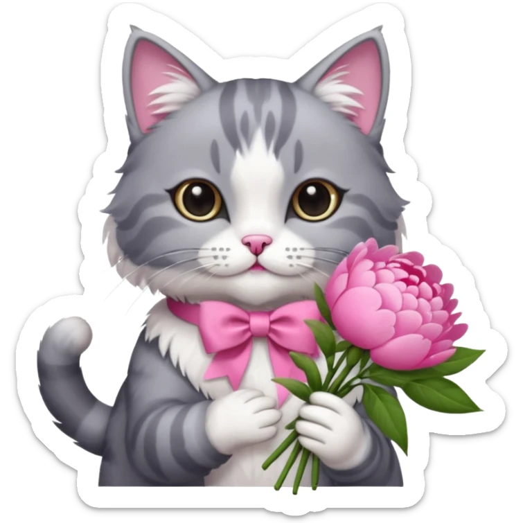 Cute cat Handing pink peonies like reaching a hand and handing them out a bouquet of them not a physical hand the cats hand  make the cat fluffy and grey and white fluffier make the cat wear a pink coquette make her wear a pink coquette sticker