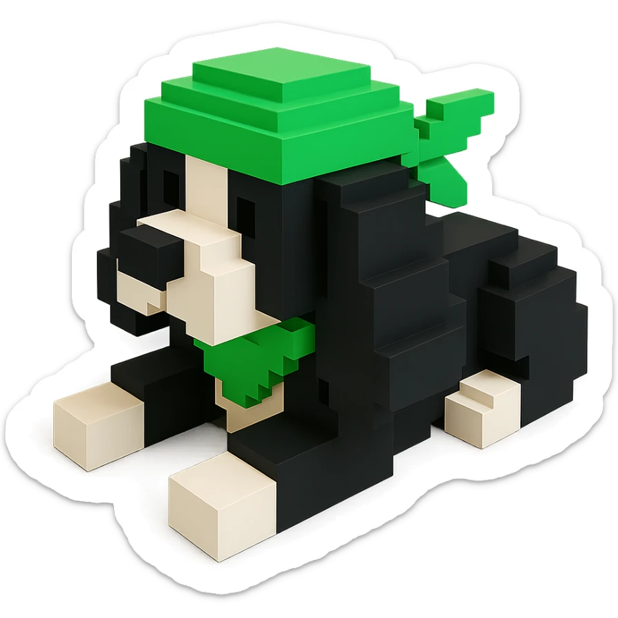 A black and white Russian Cocker Spaniel puppy wearing a green durag, voxel style, lying down sticker