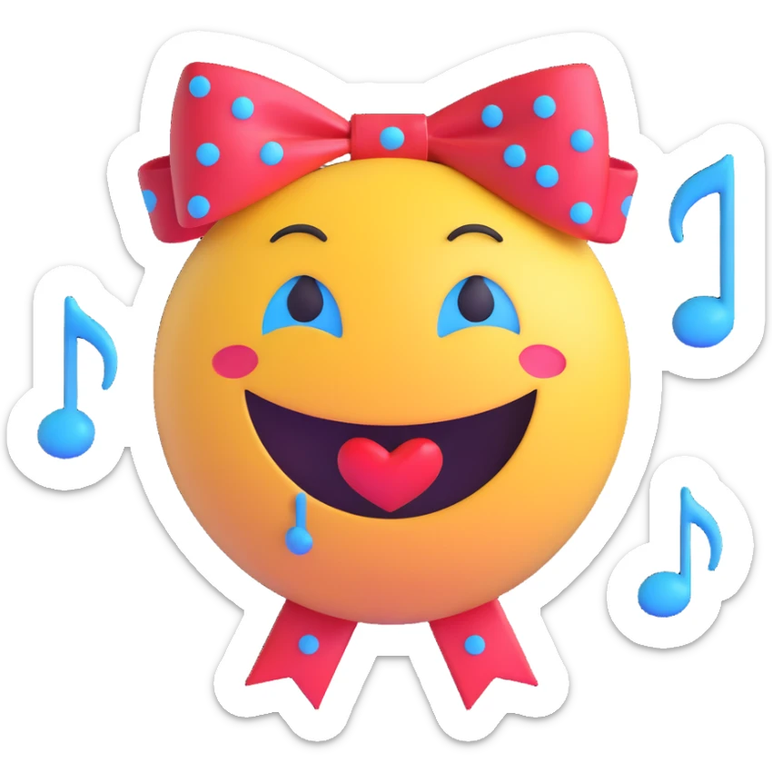 3D smiley emoji, large eyelashes, red polka dot bow, in love, heart-shaped pupils, blue eyes, musical notes sticker