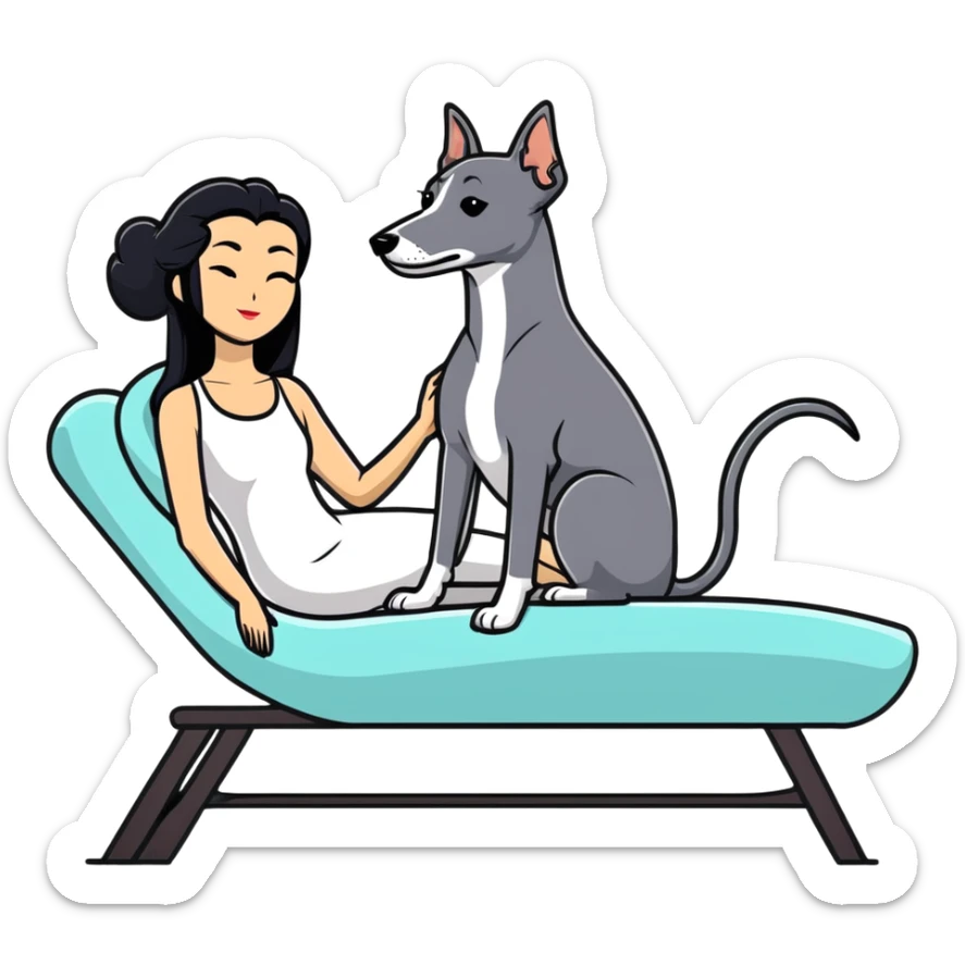 Very thin Chinese woman with long black hair relaxing on a spa lounger with exactly ONE whippet dog. EXTREME IMPORTANCE: the whippet must have a COMPLETELY GREY FACE with ABSOLUTELY NO WHITE MARKINGS anywhere on its face, muzzle, or nose. The entire dog must be ONE SOLID VERY DARK CHARCOAL GREY COLOR from nose to tail with NO WHITE or LIGHT AREAS anywhere - NO white on face, NO white on muzzle, NO white on chest, NO white on paws, NO white on tail - NOTHING BUT A SINGLE SHADE OF VERY DARK GREY throughout the entire animal sticker