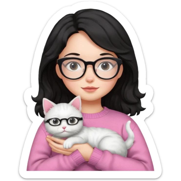 a girl with a black wavey hair, wearing a pink sweater and glasses, holding a cute white cat, only upper body, high quality. sticker