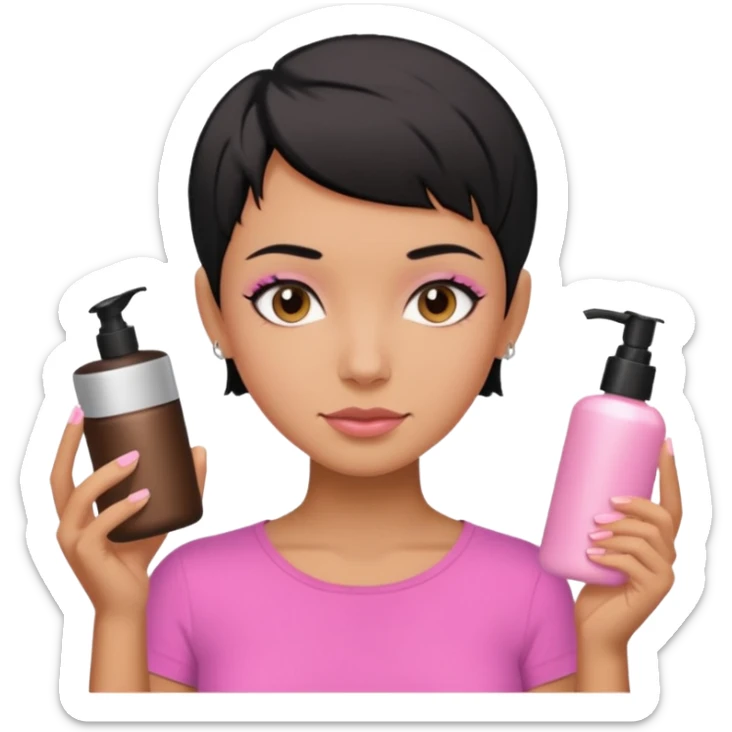tan girl pink shirt with black hair & a pixie, cut no earrings, doing skin care sticker