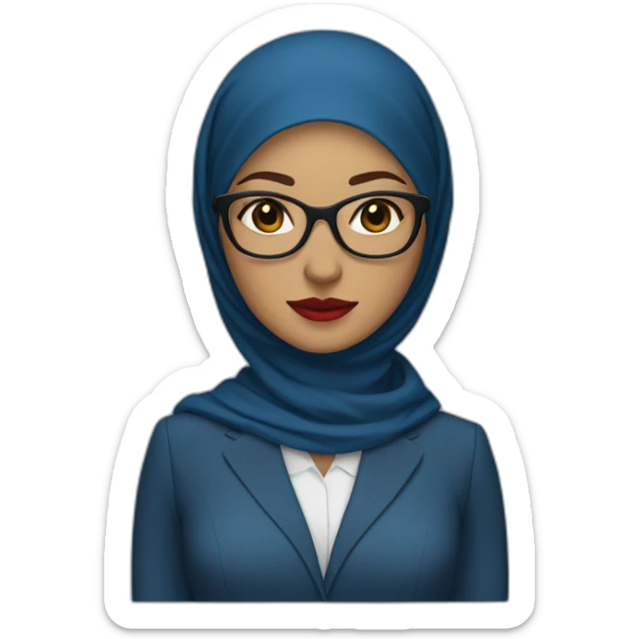 Hijabi white woman with glasses and brown eyes wearing a blue suit and red lipstick sticker