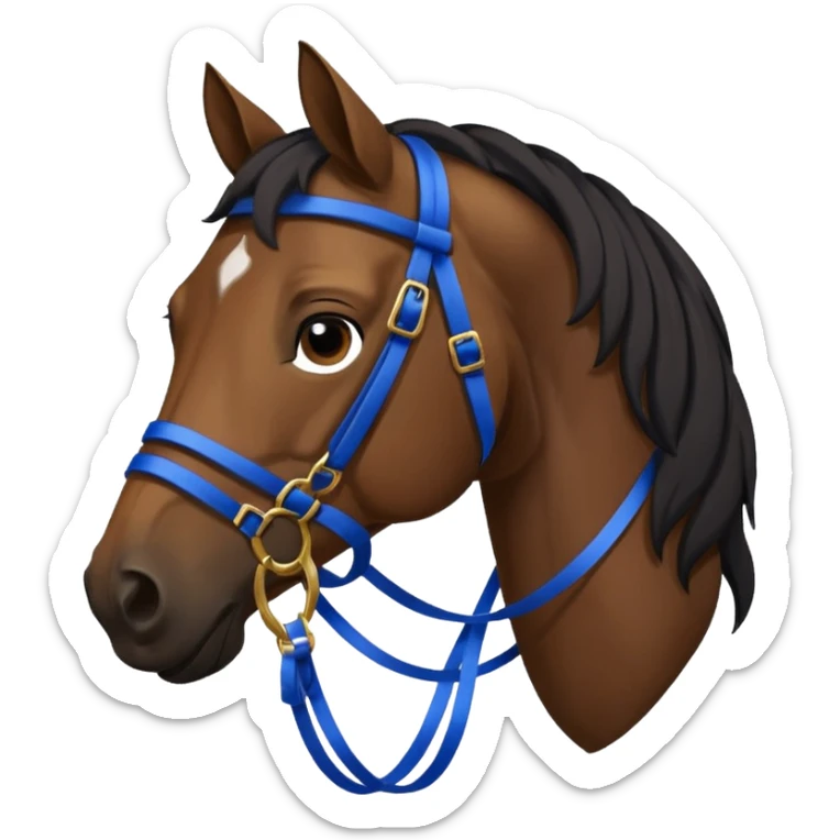 Brown horse with black men wearing a bridal with a blue ribbon hanging on the bridal sticker