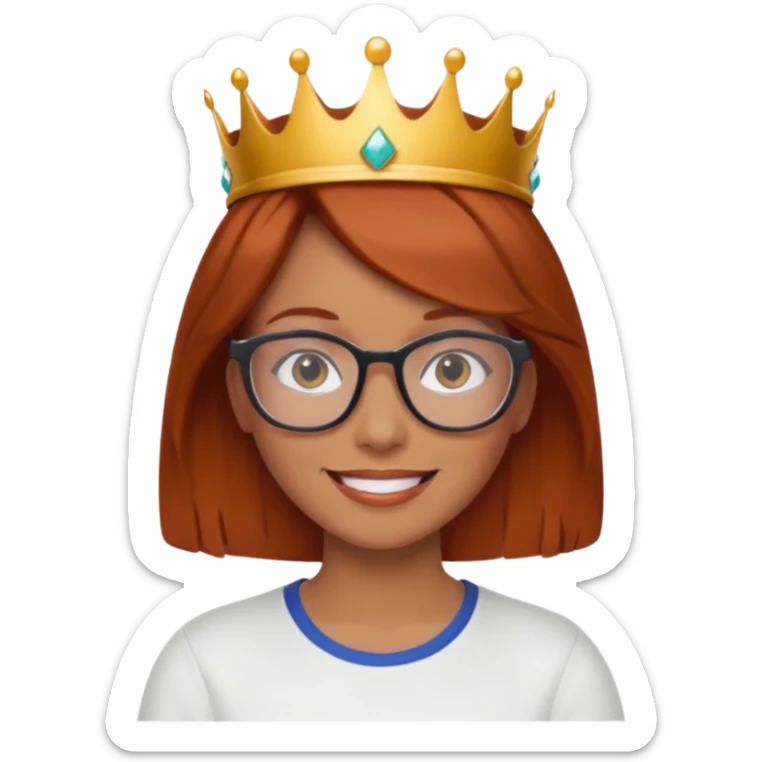 sporty woman with glasses and reddish-brown bobbed hair with a crown sticker