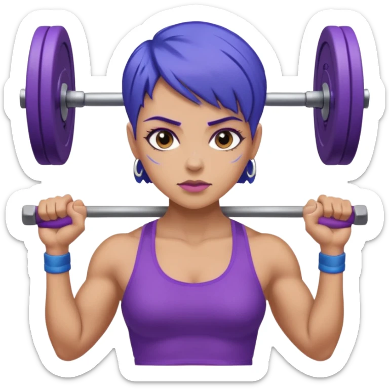 weight lift woman short blue purple har muscles bar is not growing from head sticker
