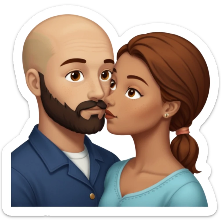 Couple. Bald man with dark brown-black beard. White woman with many small, faded freckles, she has white skin and she has auburn-brown-cinnamon, dark long hair. She has light brown eyes. The man have hazel eyes. She have light eyes. Retro style. She kisses him. Dark akademia. sticker