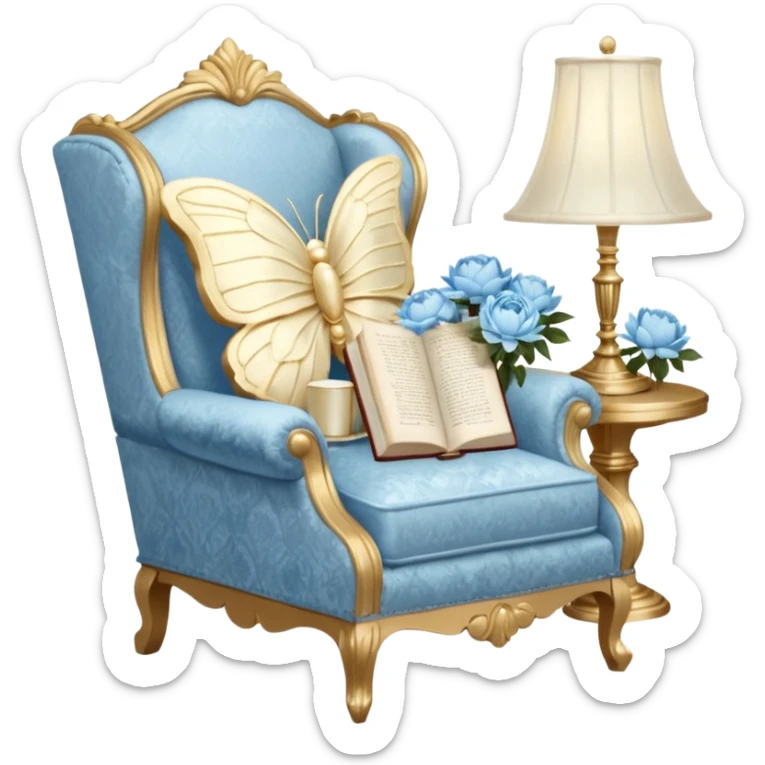 A cozy vintage-inspired reading nook, with an overstuffed ivory armchair, a golden reading lamp, and a bouquet of soft blue roses, white peonies, and dahlias resting on a small lace-covered side table, as a pearl butterfly gently rests on the open book.  sticker