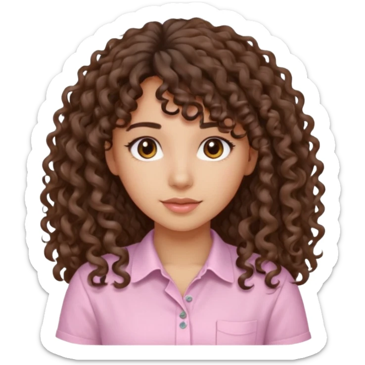 A Latina girl with brown eyes and long loose curly hair with curly bangs with a light pink shirt sticker