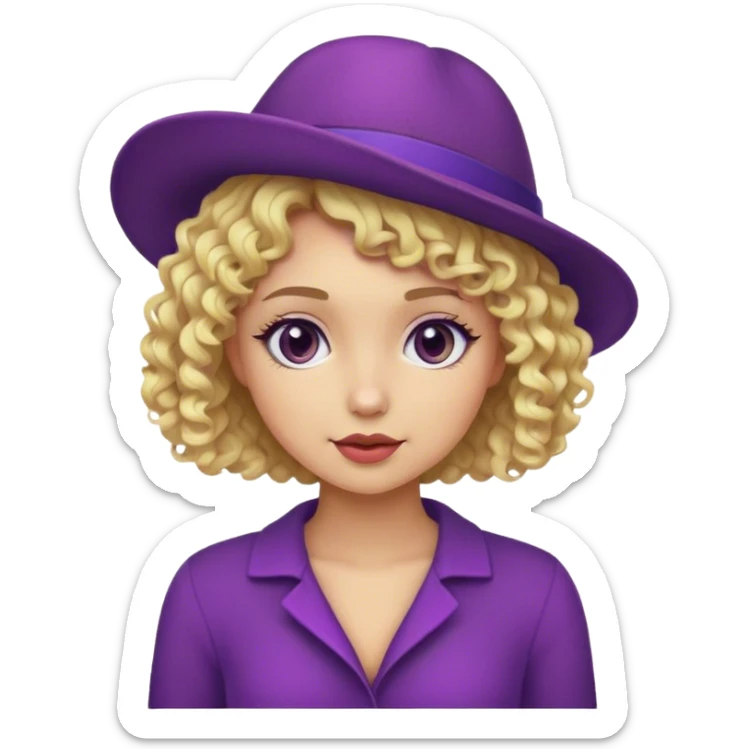 Blonde girl with short curly hair en purpule hat sticker
