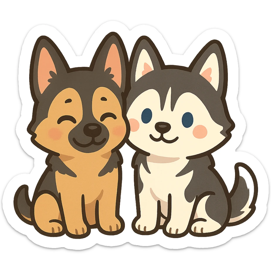 chibi sticker of two dogs, one German Shepherd and one Husky, sitting together, inspired by the reference photo sticker