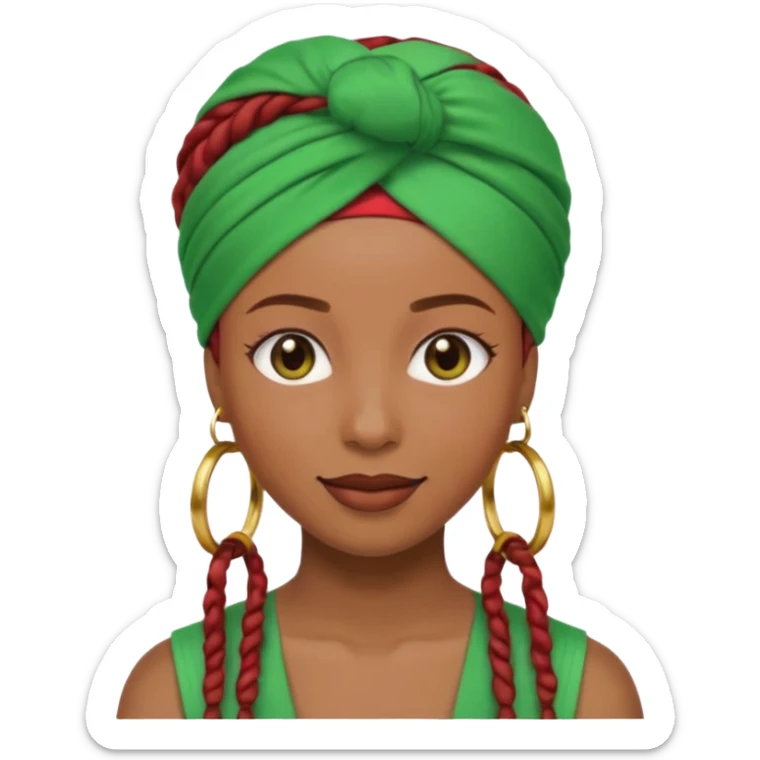 Non-portrait Jayci-vibe emoji, 1024 PNG, transparent. Headwrap (muted R-G-G), hoops, locs hint; soft smile, golden inner glow + faint heart aura. Embed: first-love, roots calm, playful grace, protective joy, consent. sticker