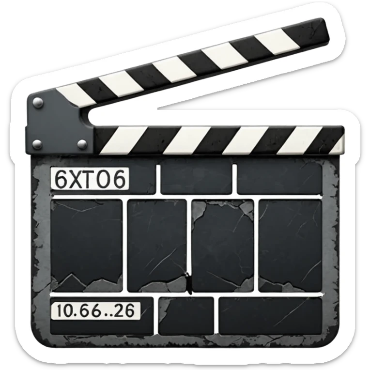 Minimalist emoji-style sticker of a cracked movie clapperboard with the date “06/06/66”, faint scorched marks, all in grayscale


 sticker