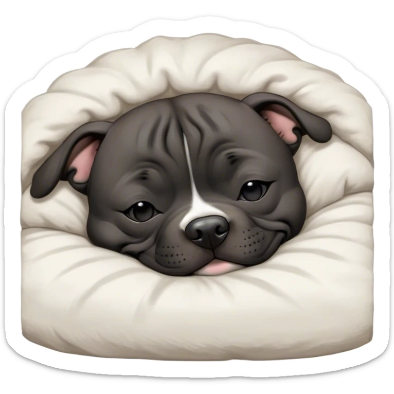 Meme-Worthy Cute Sleeping Black/Brindle Staffordshire Bull Terrier Portrait Emoji, Head resting peacefully with a contented smile, showcasing a delightfully compact build and a luxuriously soft Fur with an attractive black and brindle blend, eyes shut in a serene nap, Simplified yet hilariously adorable features, highly detailed, glowing with a soft, drowsy light, high shine, relaxed and utterly lovable, stylized with an air of playful laziness, bright and heartwarming, soft glowing outline, capturing the essence of a comically sleepy guardian, so meme-worthy it feels like it could instantly become the next viral sensation of adorable slumber! sticker
