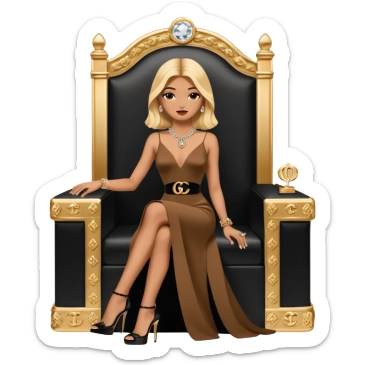 Lilith symbol light brown eyes. Woman of justice and power. Shoulder  length blonde haired  woman with Gucci and Chanel  bags next to her. Wearing long brown and black elegant dress with slit, sitting on a Chanel throne and diamonds everywhere around her. Black Platform high heels on feet. Chanel  sticker