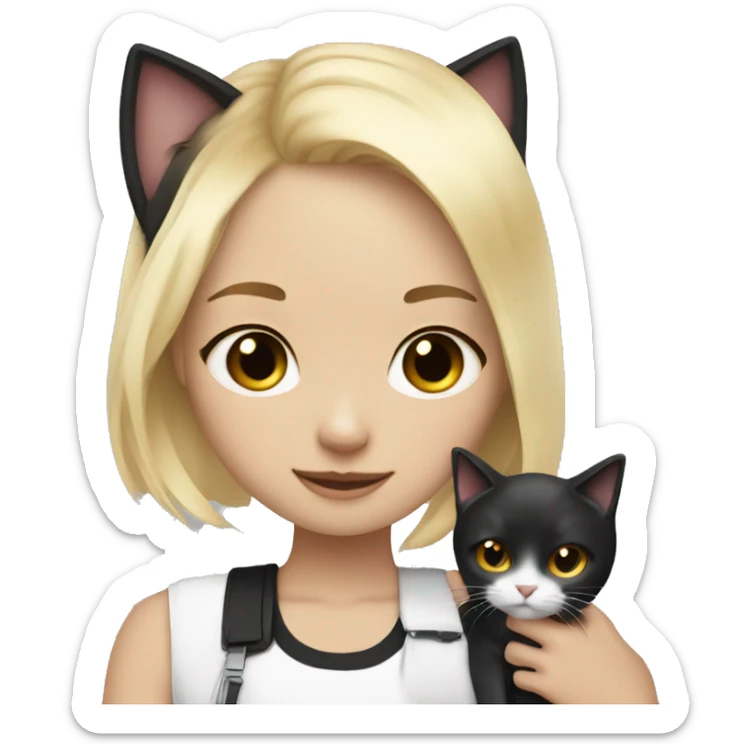 girl blonde hair and short shorts hugs a black and white cat sticker