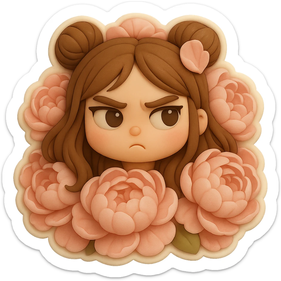 3D chibi fondant cake art style, high-quality rendering with smooth shadows and soft gradients. Girl based on reference image with preserved facial features and eye shape exactly as in the reference. Long brown hair in two space buns, brown eyes, thick white outline like a sticker, transparent background. Her head is nestled in the middle of a massive pile of soft pink peonies, only her face and a few petals on her hair are visible, flowers are lush and dense. sticker