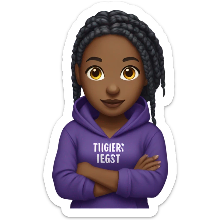 Black girl with box braids wearing a dark purple hoodie that displays the words "Go Tigers!" on it sticker