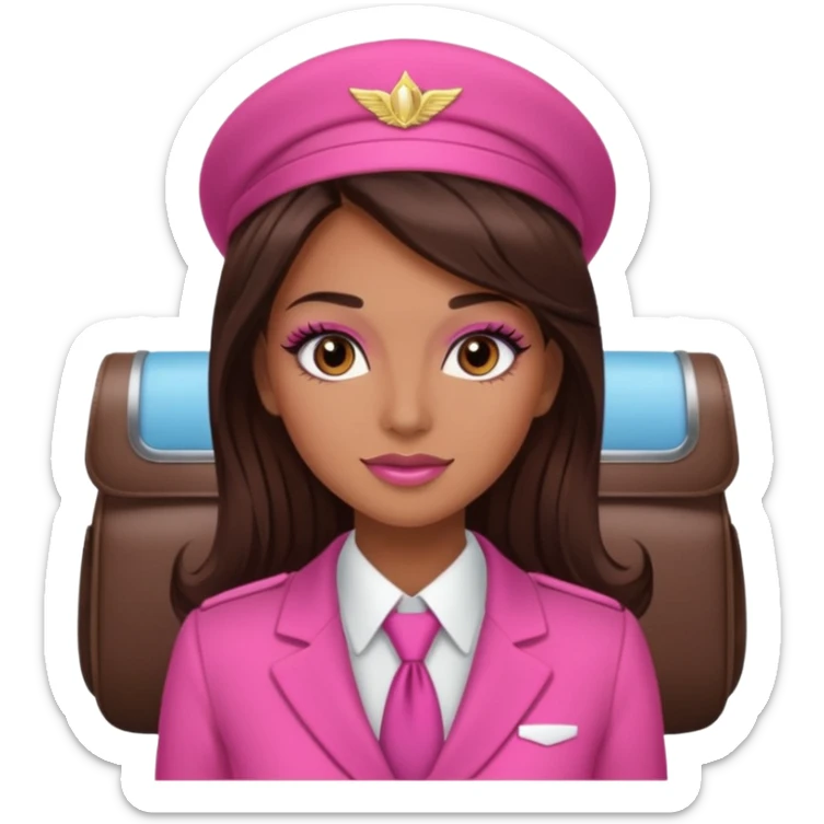 Flight attendant with pink outfit tan skin long dark brown hair with highlights pretty makeup long lashes sticker