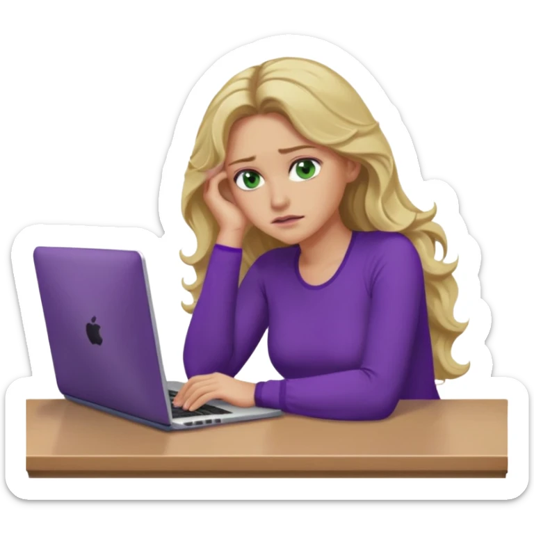 lady with long blonde wavy hair, purple top, green eyes,one elbow one desk hand on face with a laptop looking defeated sticker