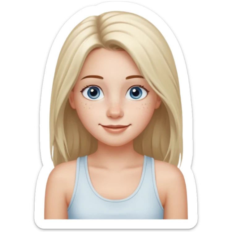 Una chica de tez blanca con pecas, nariz respingada, labios gruesos, ojos grandes color azul grisáceo, pelo largo, lacio, color avellana. Con una blusa de tirantes blanca. Que este sonriendo y q solo se vea de la cintura hacía arriba sticker
