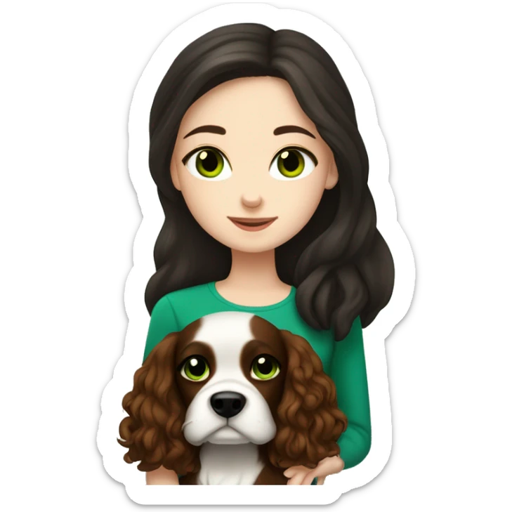 pale skin girl with green eyes with long dark brown hair that has a flower in her hair  snuggling a black and brown cavalier dog the dog also has a flower in its hair sticker